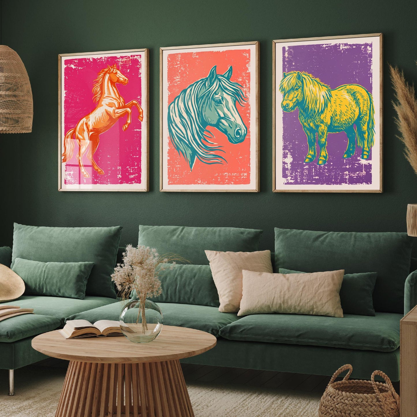 Rearing Horse, Horse Head and Shetland Pony - Set of Three Horse Art Prints - Linocut Illustrations - Equestrian Posters V1