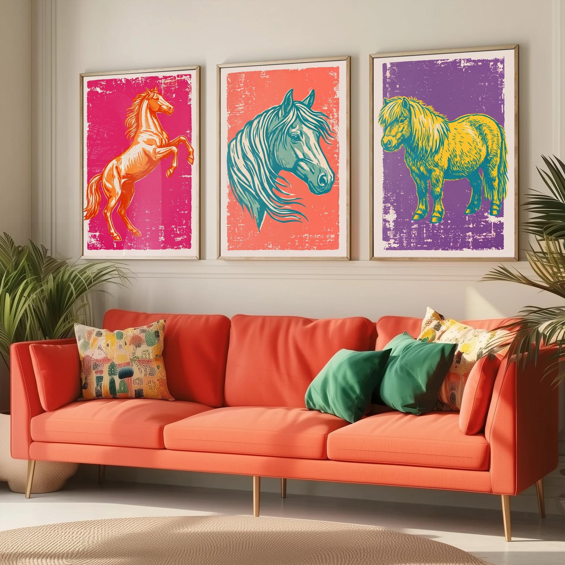 Rearing Horse, Horse Head and Shetland Pony - Set of Three Horse Art Prints - Linocut Illustrations - Equestrian Posters V1