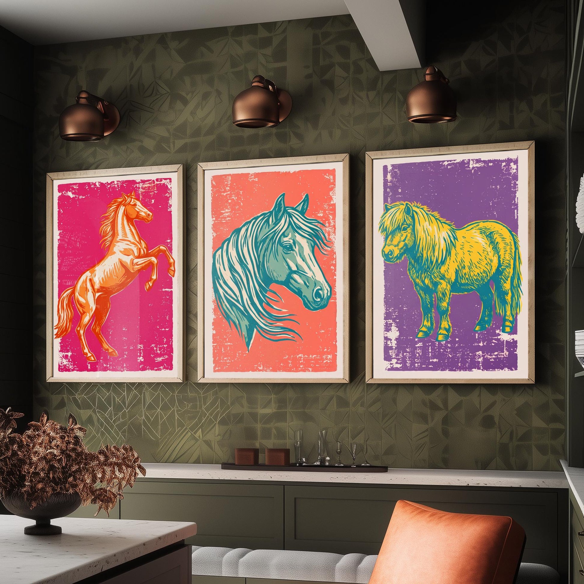 Rearing Horse, Horse Head and Shetland Pony - Set of Three Horse Art Prints - Linocut Illustrations - Equestrian Posters V1
