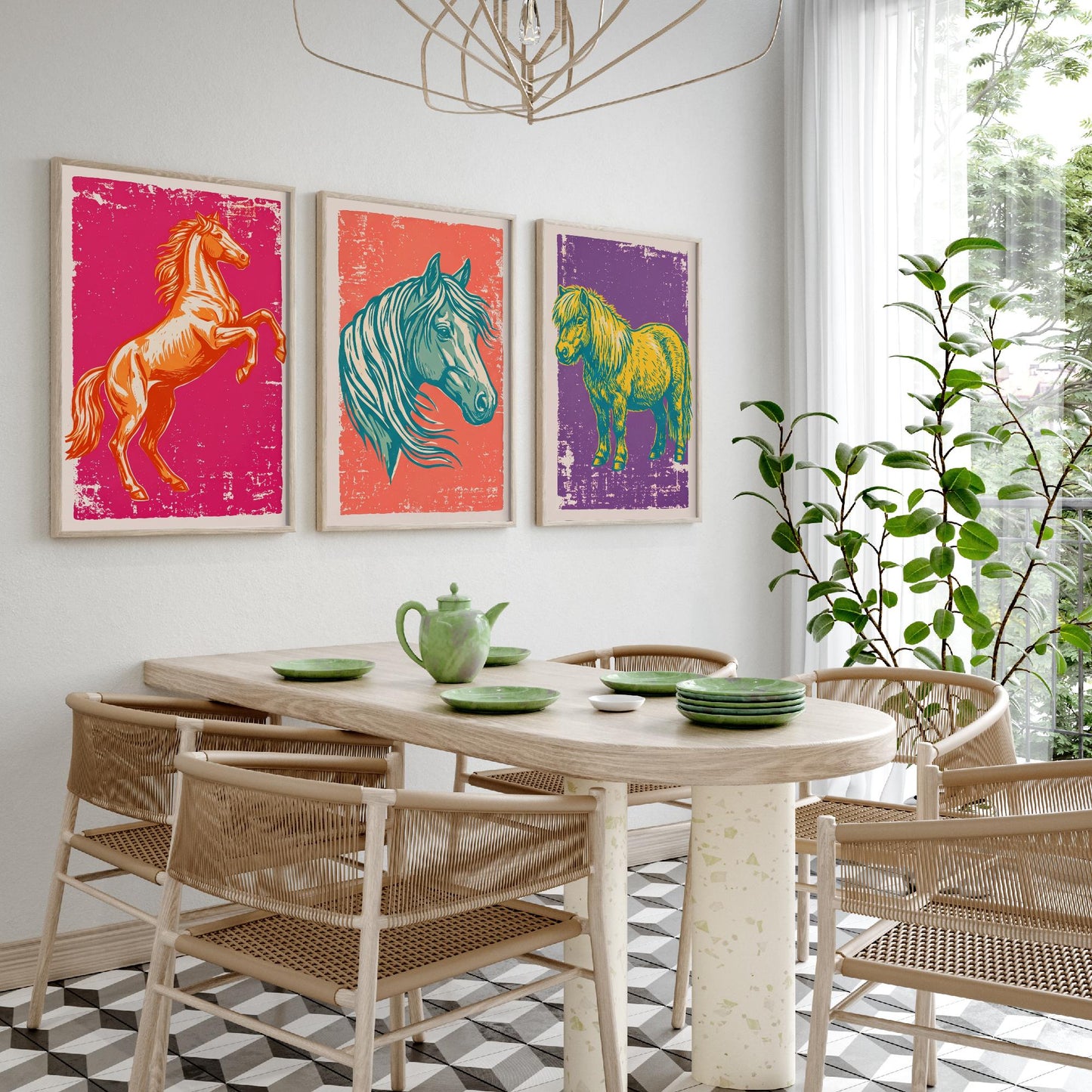 Rearing Horse, Horse Head and Shetland Pony - Set of Three Horse Art Prints - Linocut Illustrations - Equestrian Posters V1