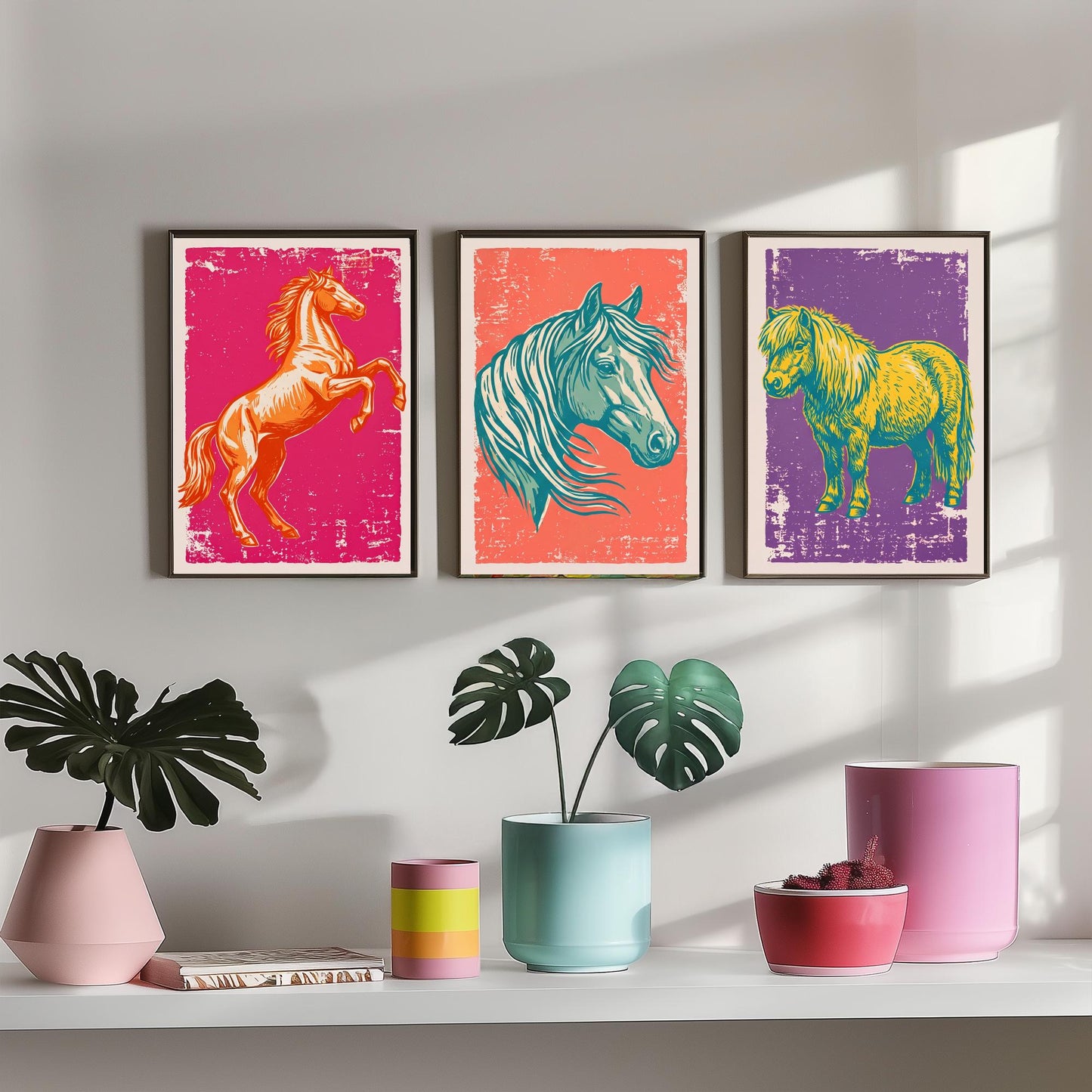 Rearing Horse, Horse Head and Shetland Pony - Set of Three Horse Art Prints - Linocut Illustrations - Equestrian Posters V1