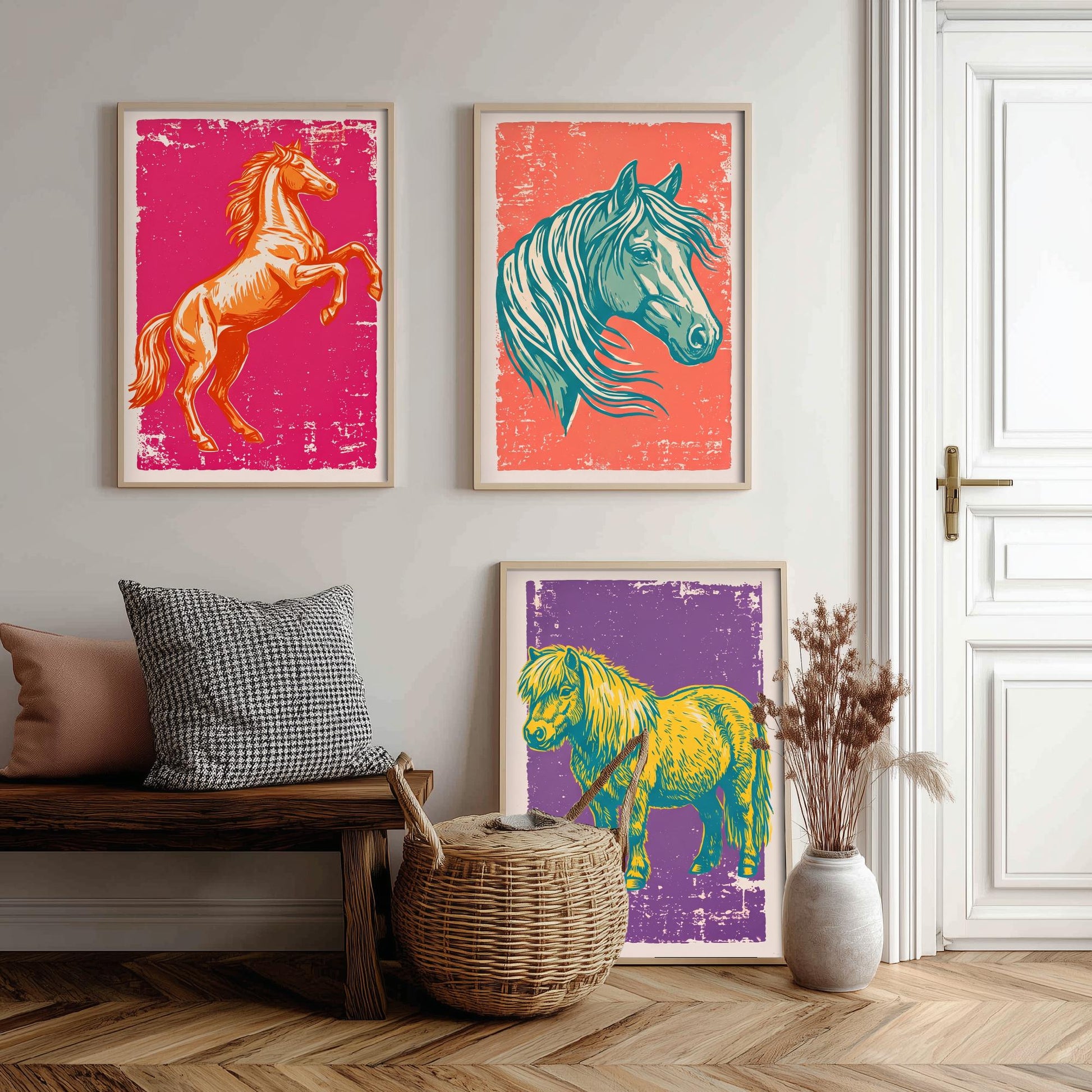 Rearing Horse, Horse Head and Shetland Pony - Set of Three Horse Art Prints - Linocut Illustrations - Equestrian Posters V1