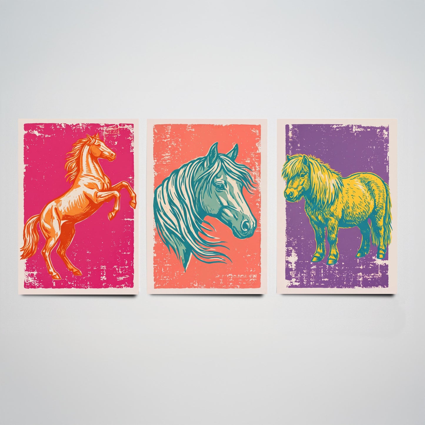 Rearing Horse, Horse Head and Shetland Pony - Set of Three Horse Art Prints - Linocut Illustrations - Equestrian Posters V1