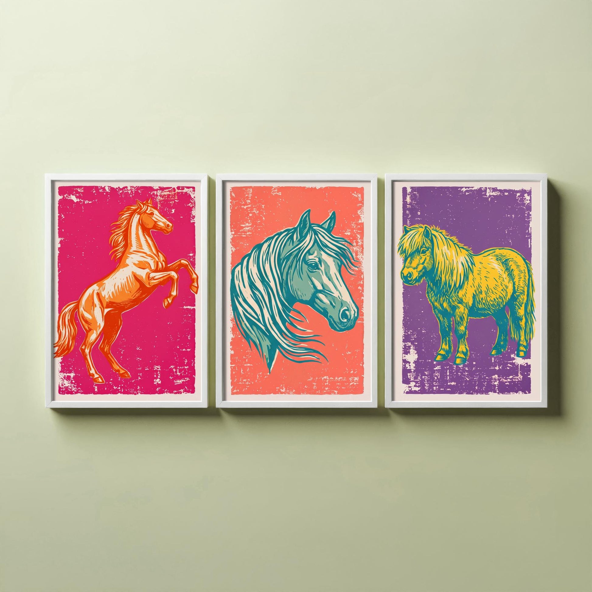 Rearing Horse, Horse Head and Shetland Pony - Set of Three Horse Art Prints - Linocut Illustrations - Equestrian Posters V1