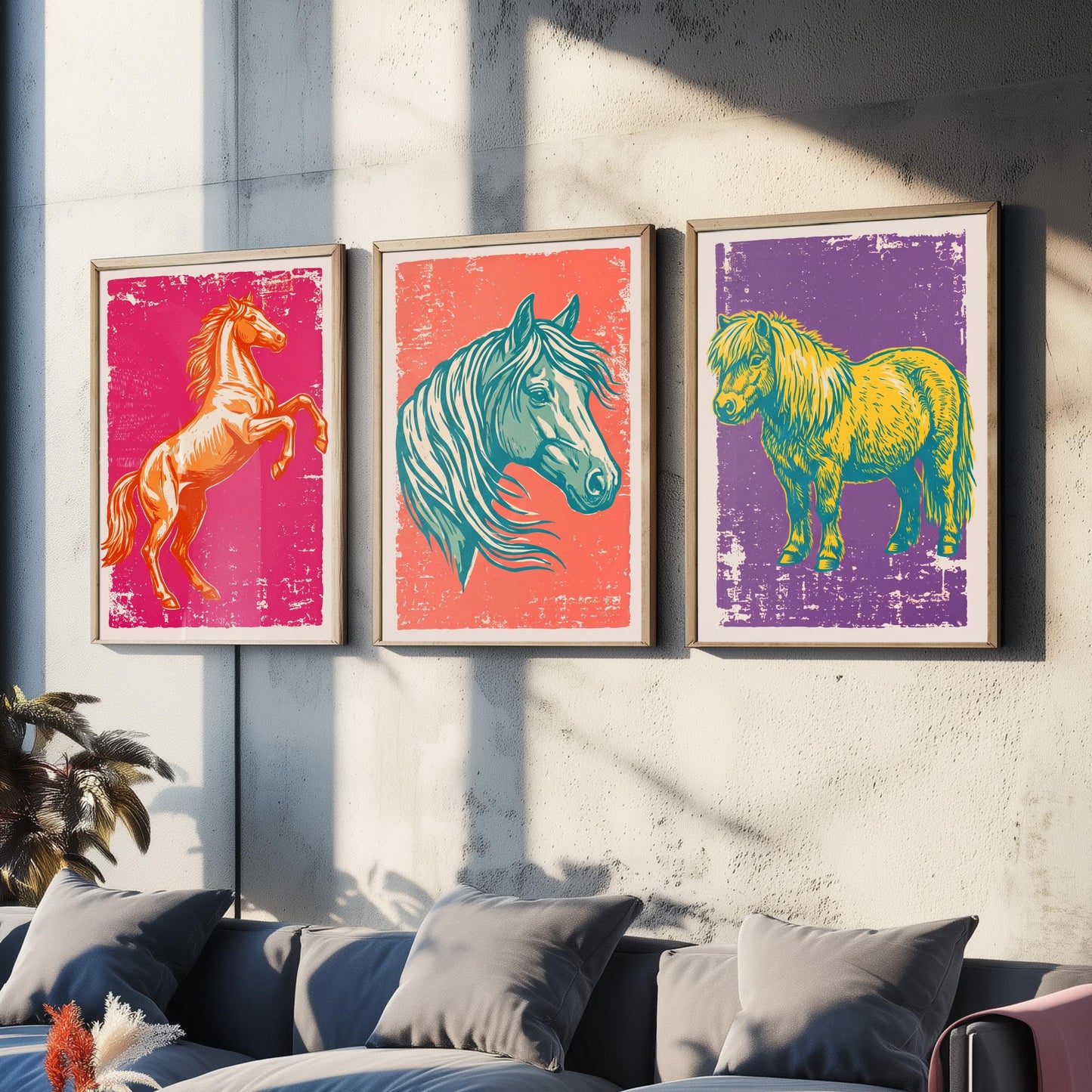 Rearing Horse, Horse Head and Shetland Pony - Set of Three Horse Art Prints - Linocut Illustrations - Equestrian Posters V1