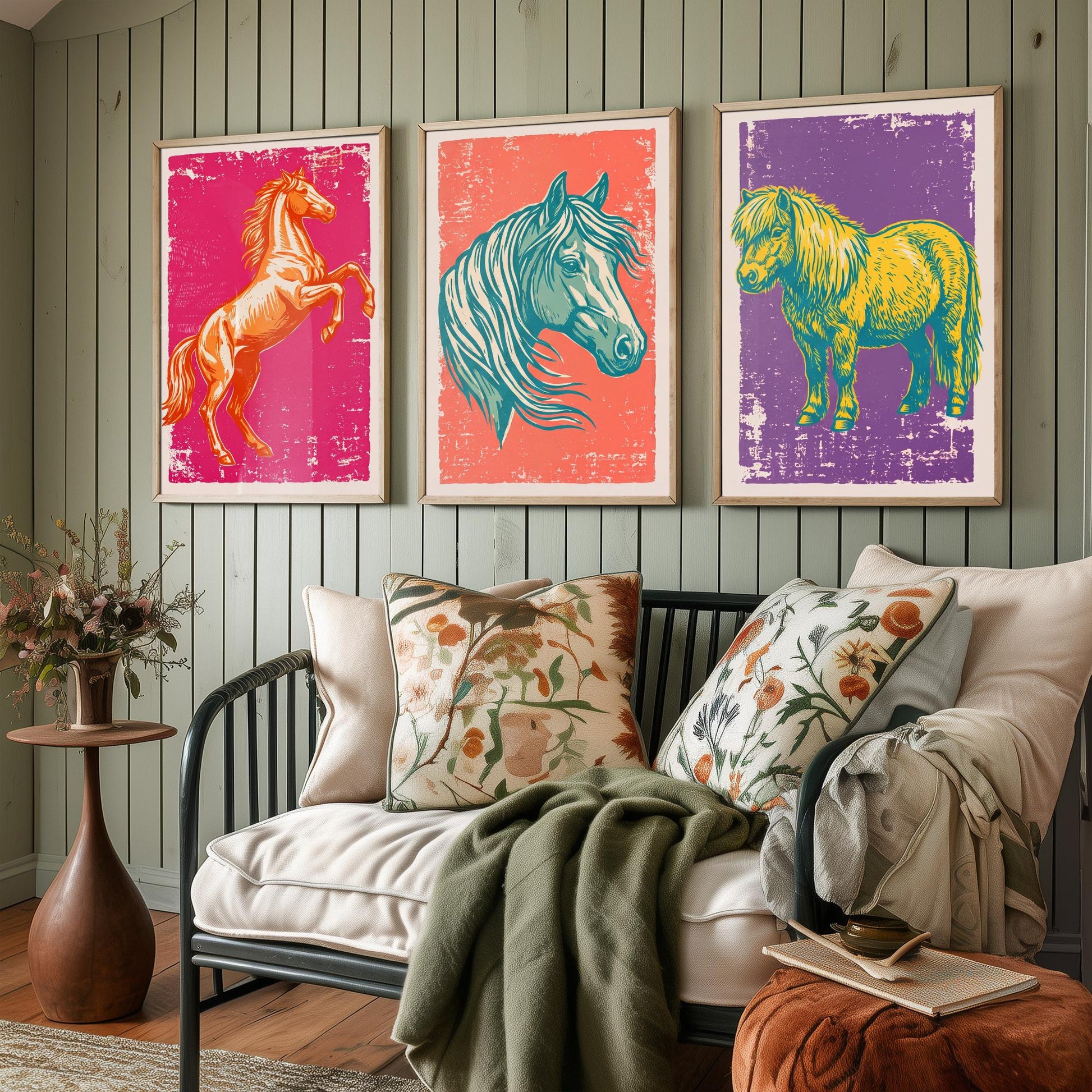Rearing Horse, Horse Head and Shetland Pony - Set of Three Horse Art Prints - Linocut Illustrations - Equestrian Posters V1