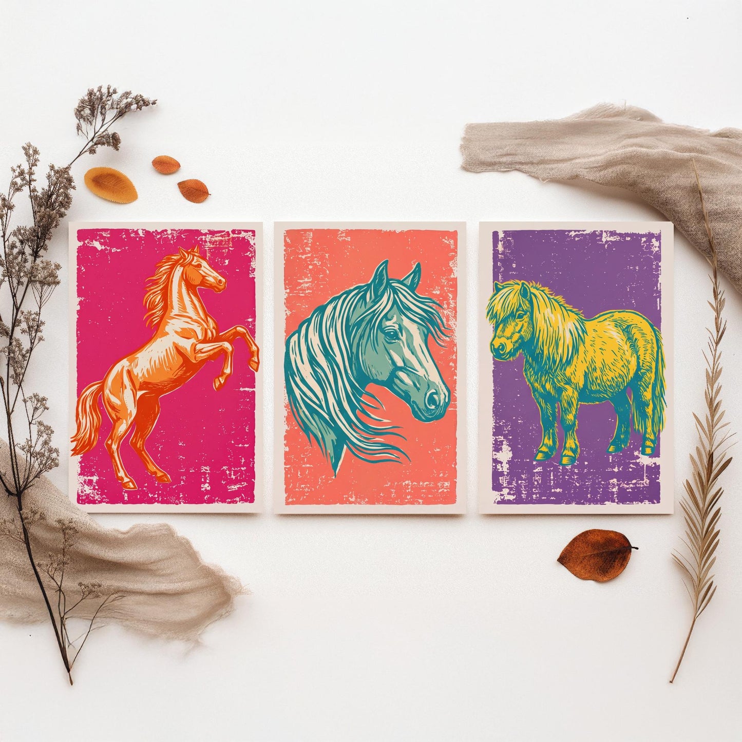 Rearing Horse, Horse Head and Shetland Pony - Set of Three Horse Art Prints - Linocut Illustrations - Equestrian Posters V1