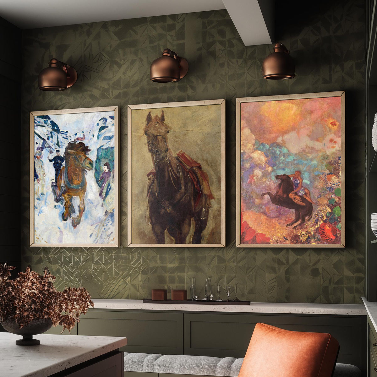 Edvard Munch and Odilon Redon Horses Set of Three Art Prints - Galloping Horse, Standing Horse, Rider - Expressive Painting Poster
