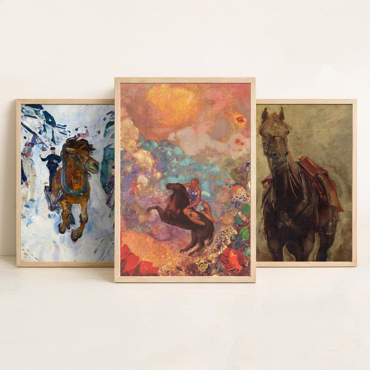 Edvard Munch and Odilon Redon Horses Set of Three Art Prints - Galloping Horse, Standing Horse, Rider - Expressive Painting Poster