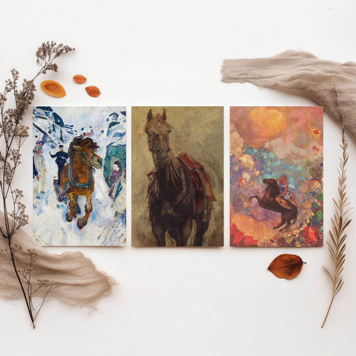 Edvard Munch and Odilon Redon Horses Set of Three Art Prints - Galloping Horse, Standing Horse, Rider - Expressive Painting Poster