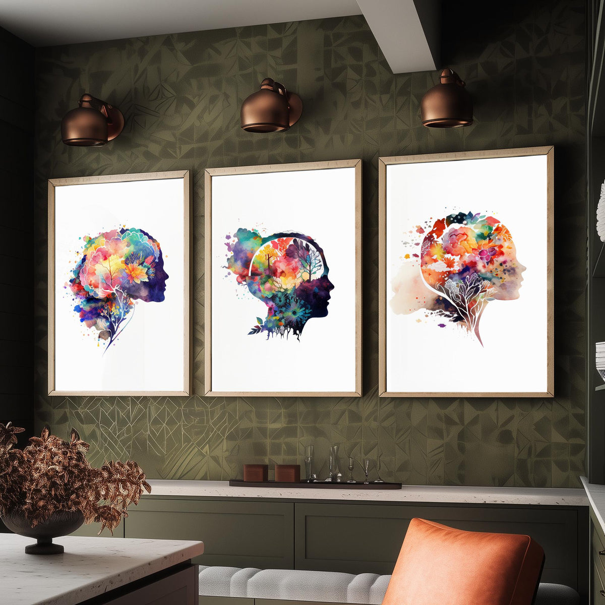 Flowering Mind Set of Three Art Prints - Human Head Silhouettes with Flowers - Rainbow Watercolour Poster Painting