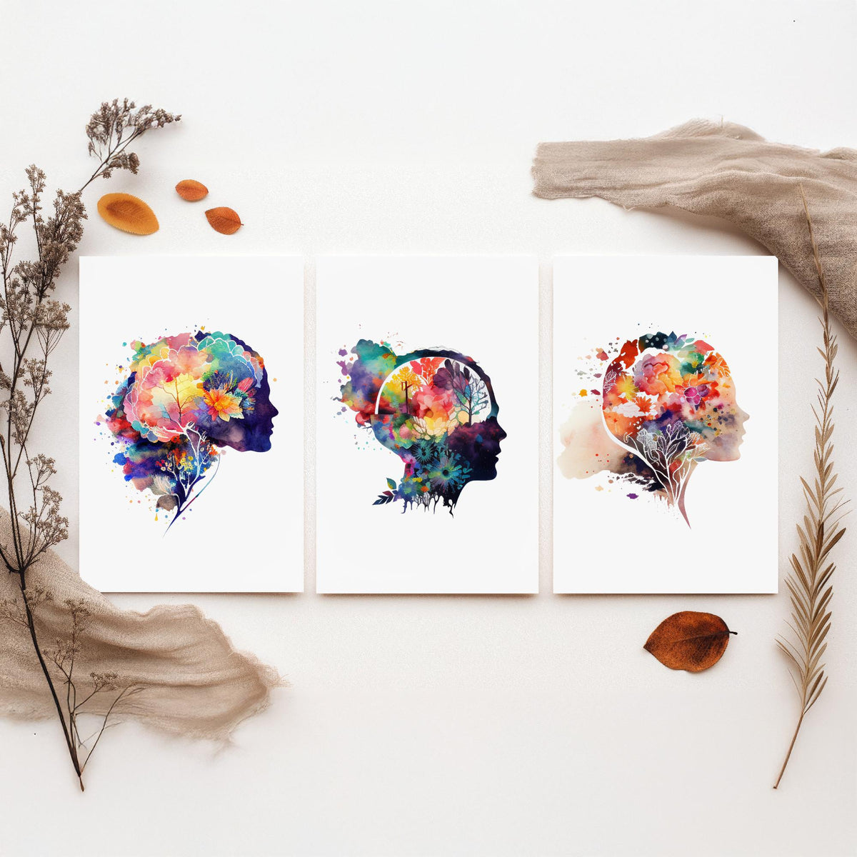 Flowering Mind Set of Three Art Prints - Human Head Silhouettes with Flowers - Rainbow Watercolour Poster Painting