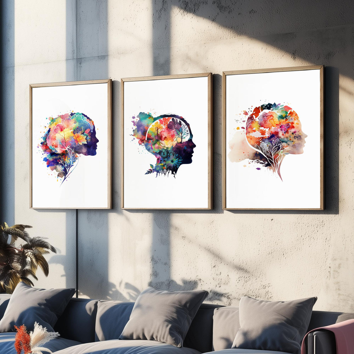 Flowering Mind Set of Three Art Prints - Human Head Silhouettes with Flowers - Rainbow Watercolour Poster Painting