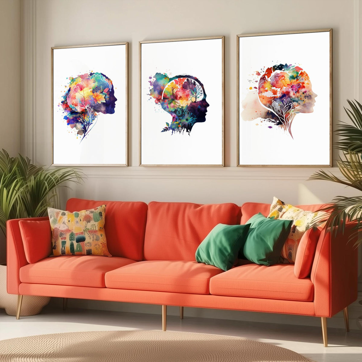 Flowering Mind Set of Three Art Prints - Human Head Silhouettes with Flowers - Rainbow Watercolour Poster Painting