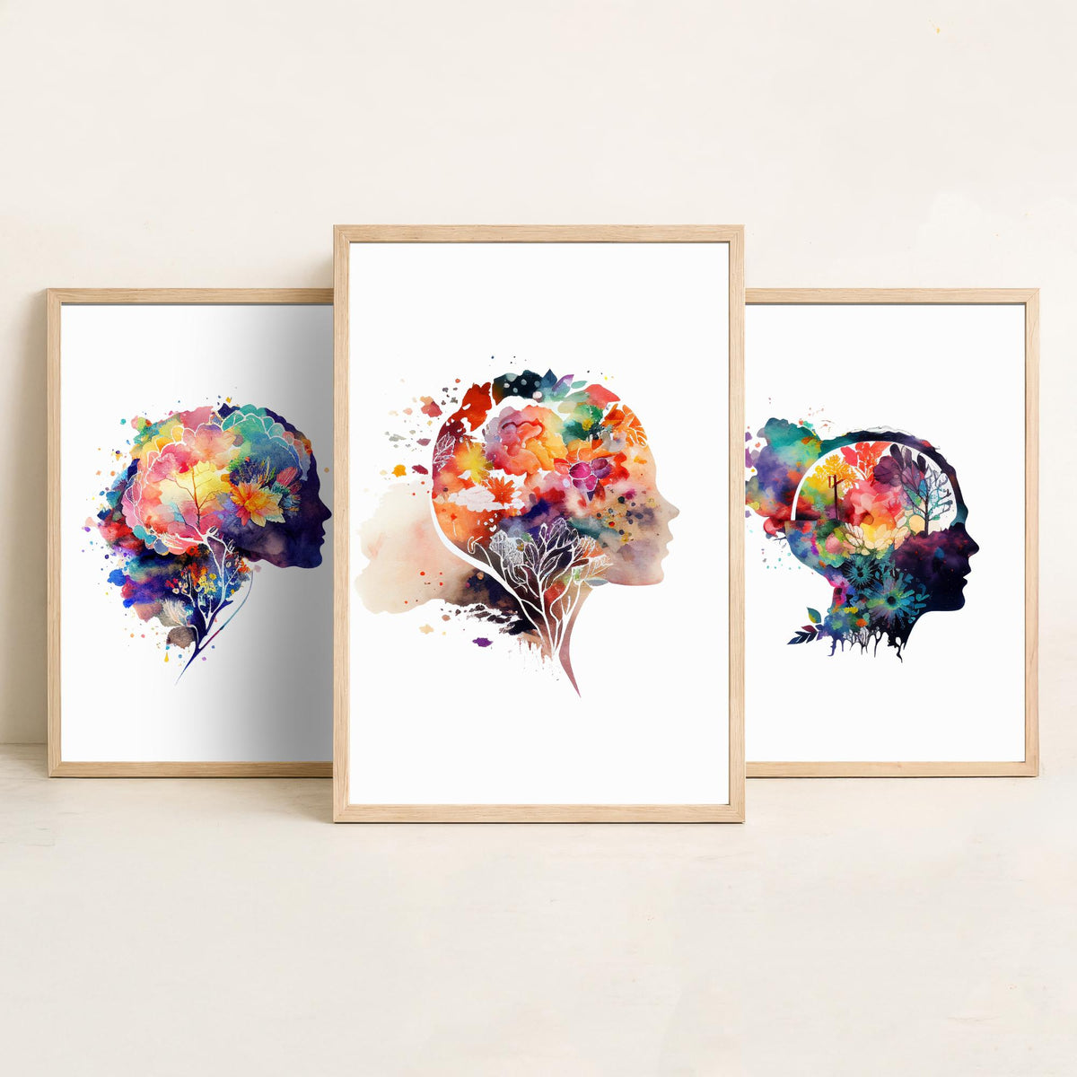 Flowering Mind Set of Three Art Prints - Human Head Silhouettes with Flowers - Rainbow Watercolour Poster Painting