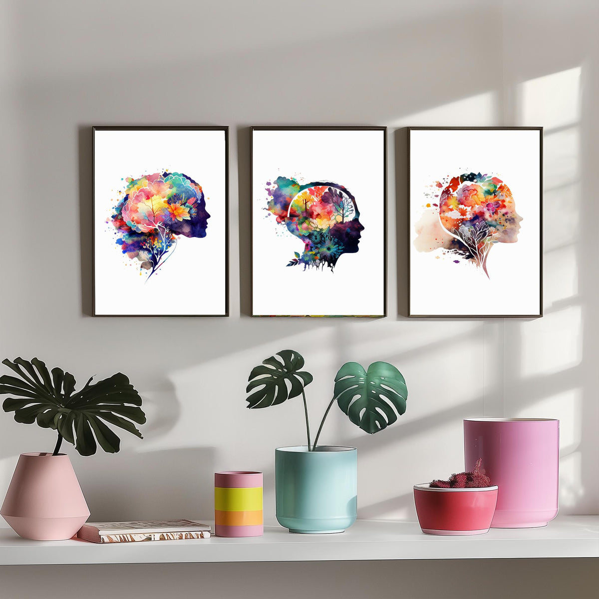 Flowering Mind Set of Three Art Prints - Human Head Silhouettes with Flowers - Rainbow Watercolour Poster Painting