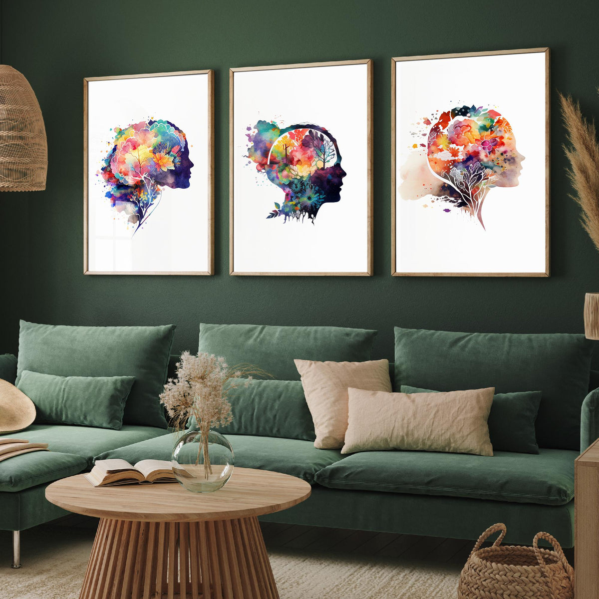 Flowering Mind Set of Three Art Prints - Human Head Silhouettes with Flowers - Rainbow Watercolour Poster Painting