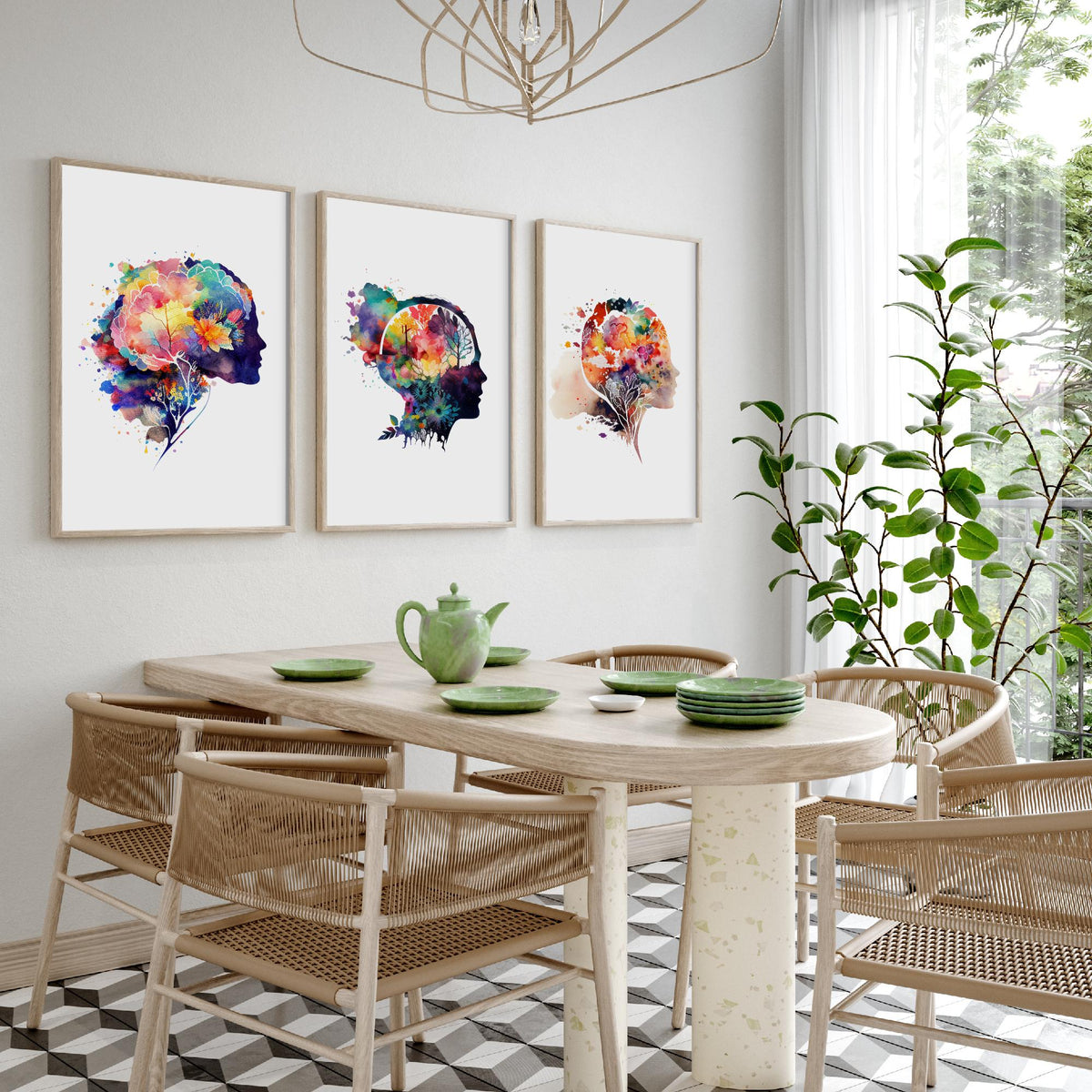 Flowering Mind Set of Three Art Prints - Human Head Silhouettes with Flowers - Rainbow Watercolour Poster Painting