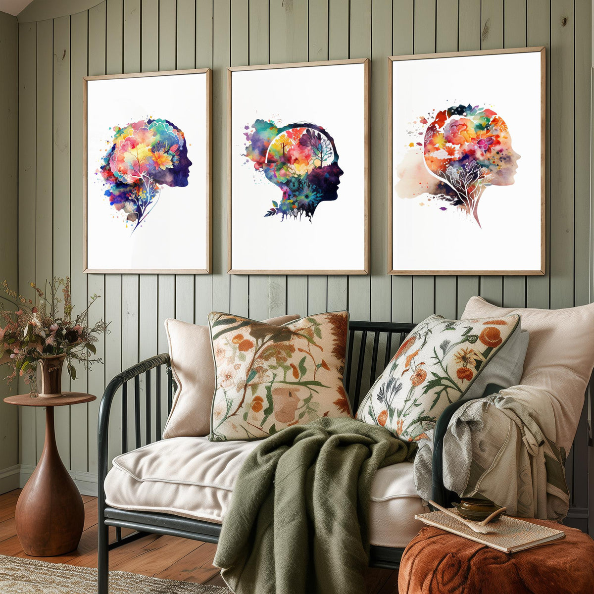 Flowering Mind Set of Three Art Prints - Human Head Silhouettes with Flowers - Rainbow Watercolour Poster Painting