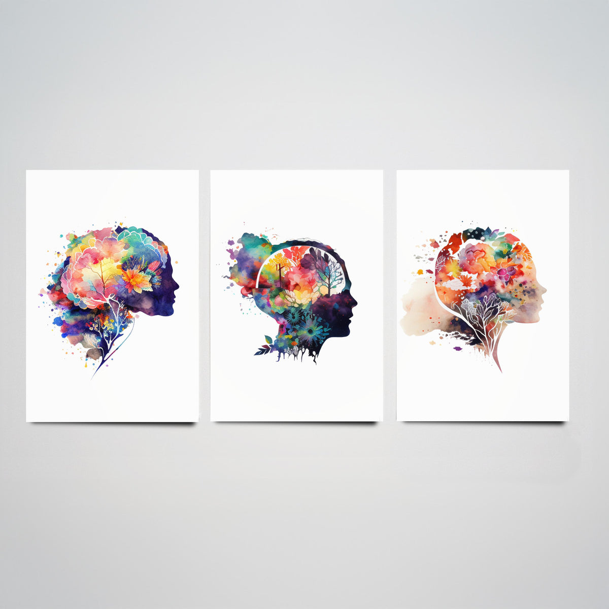 Flowering Mind Set of Three Art Prints - Human Head Silhouettes with Flowers - Rainbow Watercolour Poster Painting