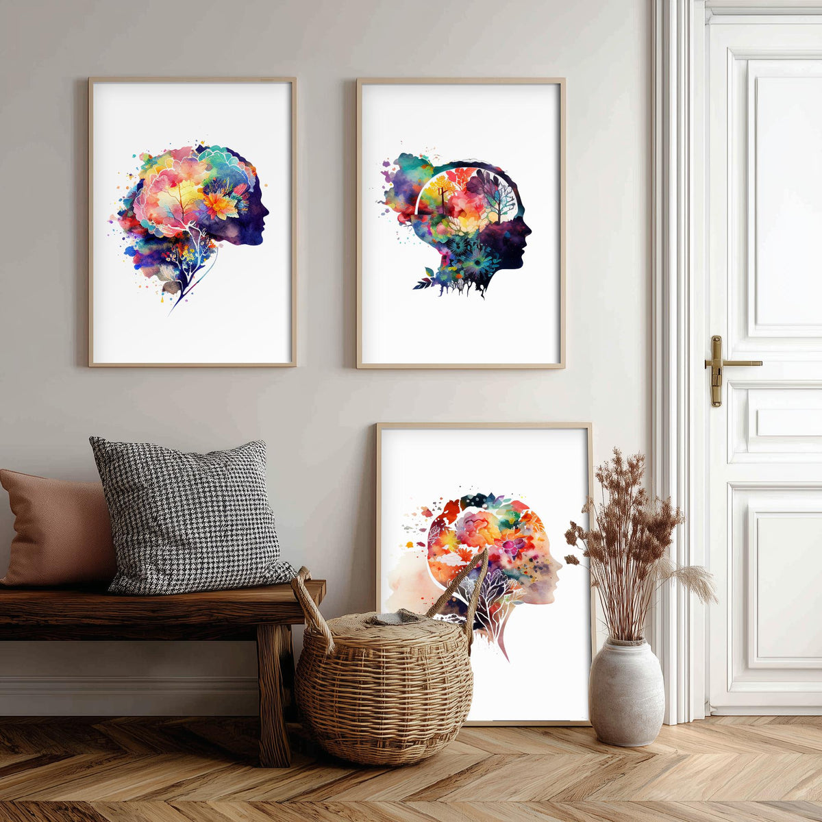 Flowering Mind Set of Three Art Prints - Human Head Silhouettes with Flowers - Rainbow Watercolour Poster Painting
