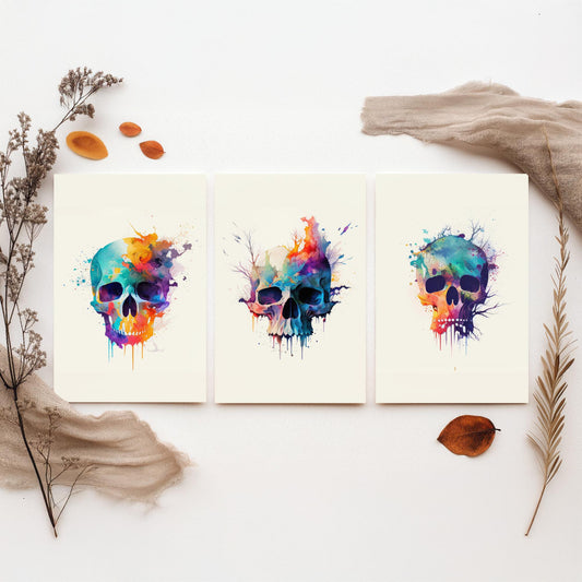 Watercolour Skull Set of Three Art Prints - Rainbow Splash Skulls with Branches - Gothic Boho Poster Painting