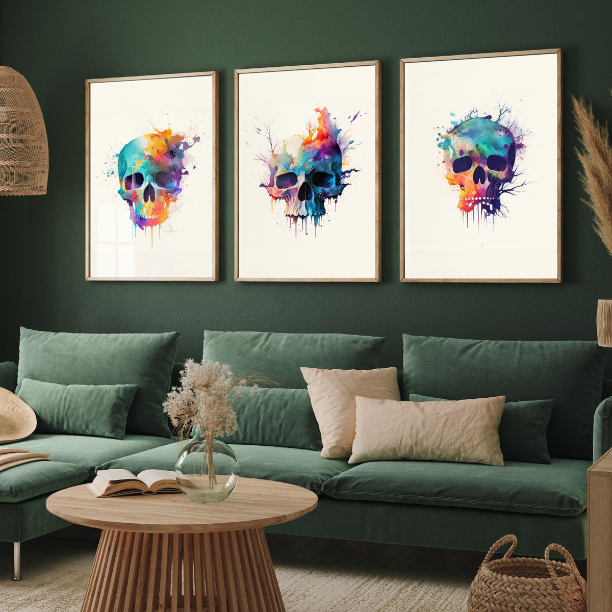 Watercolour Skull Set of Three Art Prints - Rainbow Splash Skulls with Branches - Gothic Boho Poster Painting