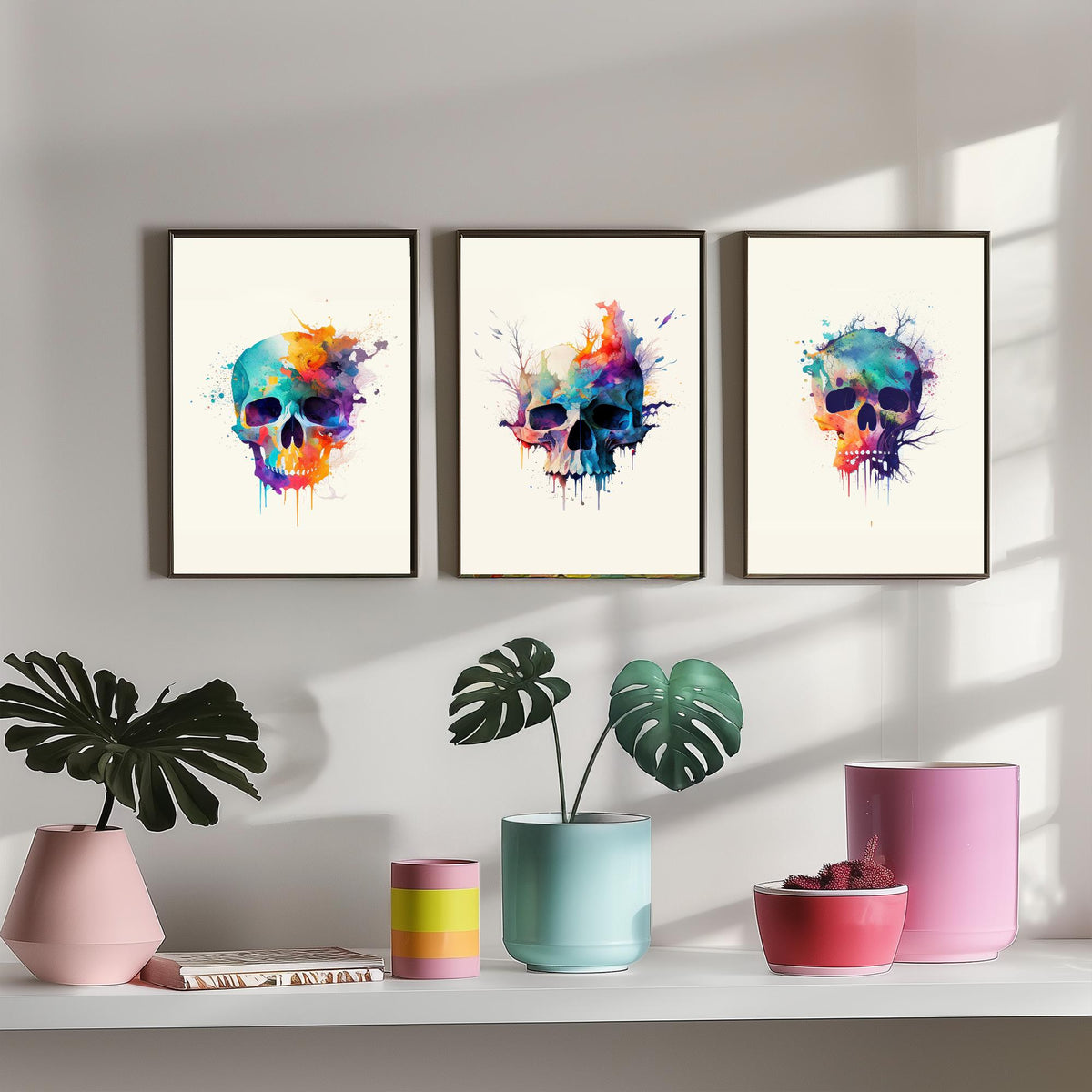 Watercolour Skull Set of Three Art Prints - Rainbow Splash Skulls with Branches - Gothic Boho Poster Painting