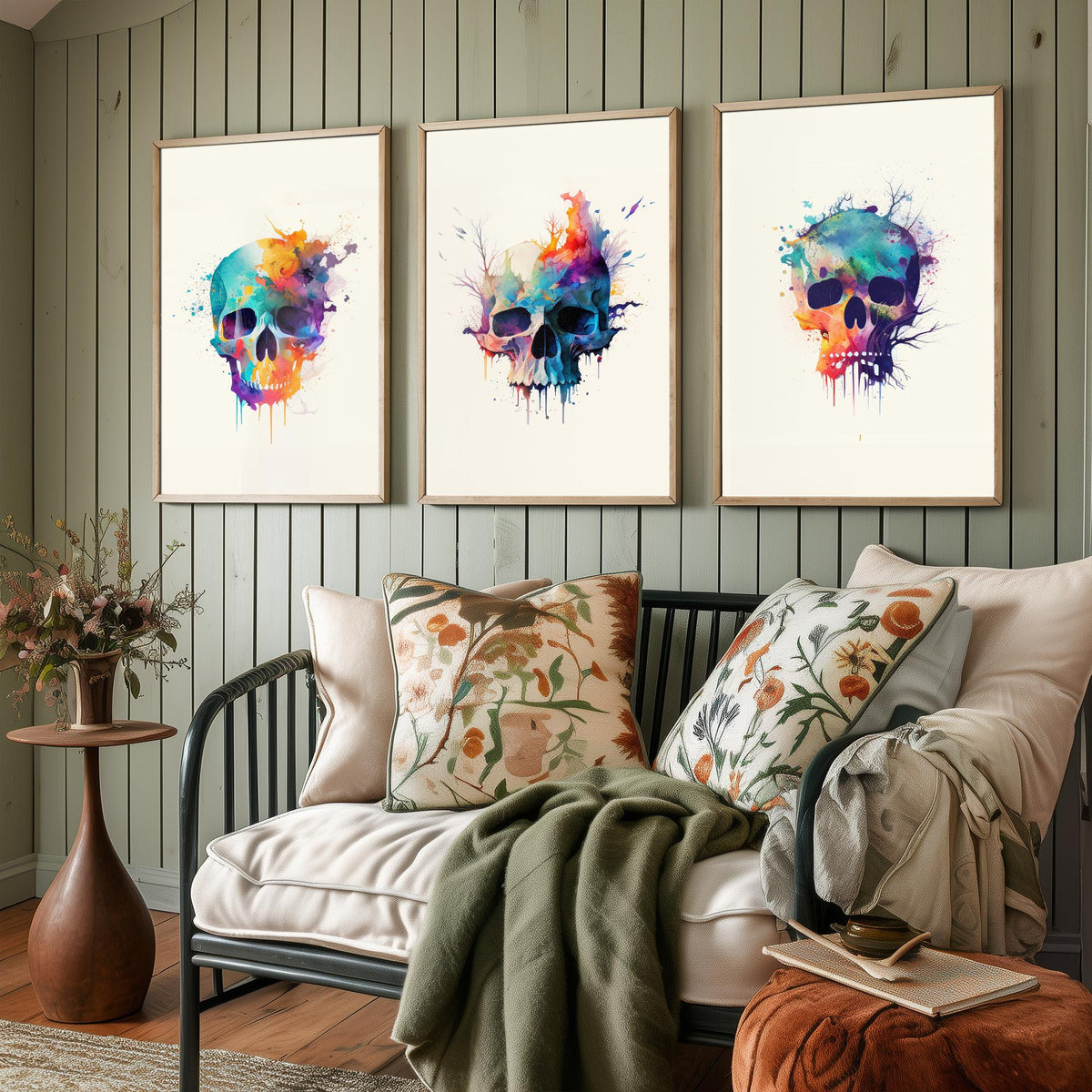 Watercolour Skull Set of Three Art Prints - Rainbow Splash Skulls with Branches - Gothic Boho Poster Painting