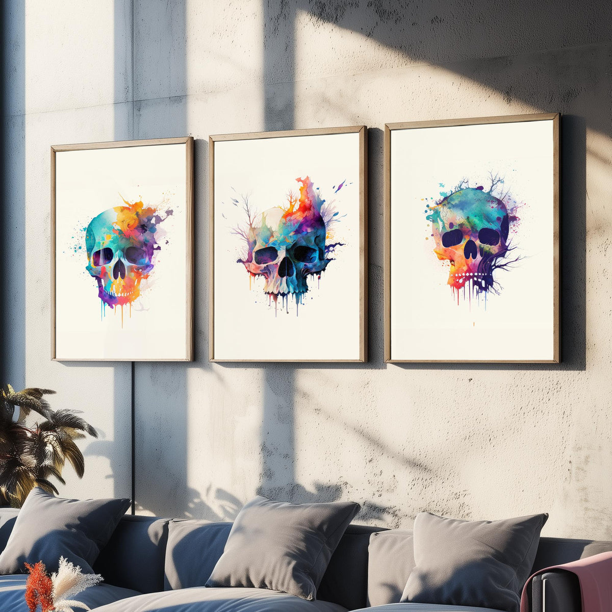 Watercolour Skull Set of Three Art Prints - Rainbow Splash Skulls with Branches - Gothic Boho Poster Painting