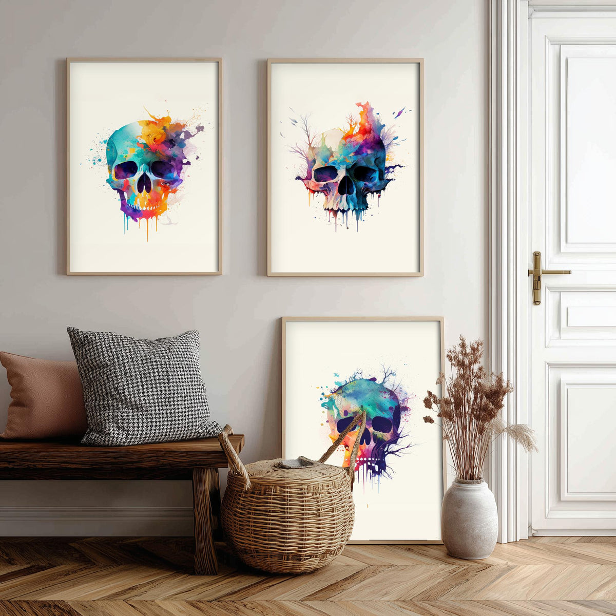Watercolour Skull Set of Three Art Prints - Rainbow Splash Skulls with Branches - Gothic Boho Poster Painting