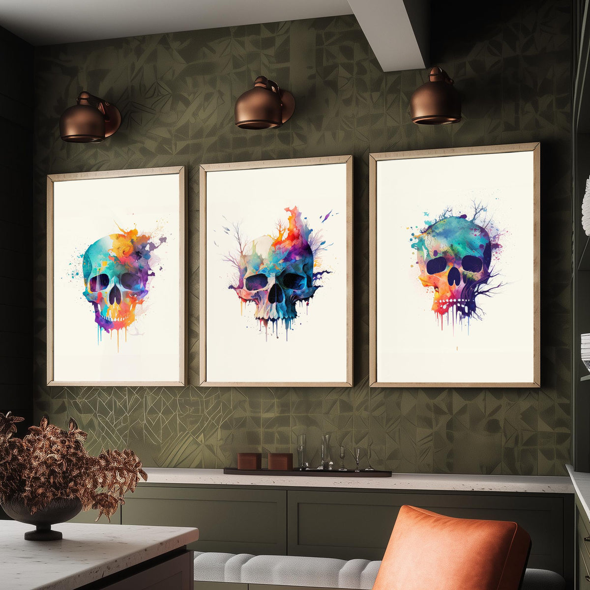 Watercolour Skull Set of Three Art Prints - Rainbow Splash Skulls with Branches - Gothic Boho Poster Painting