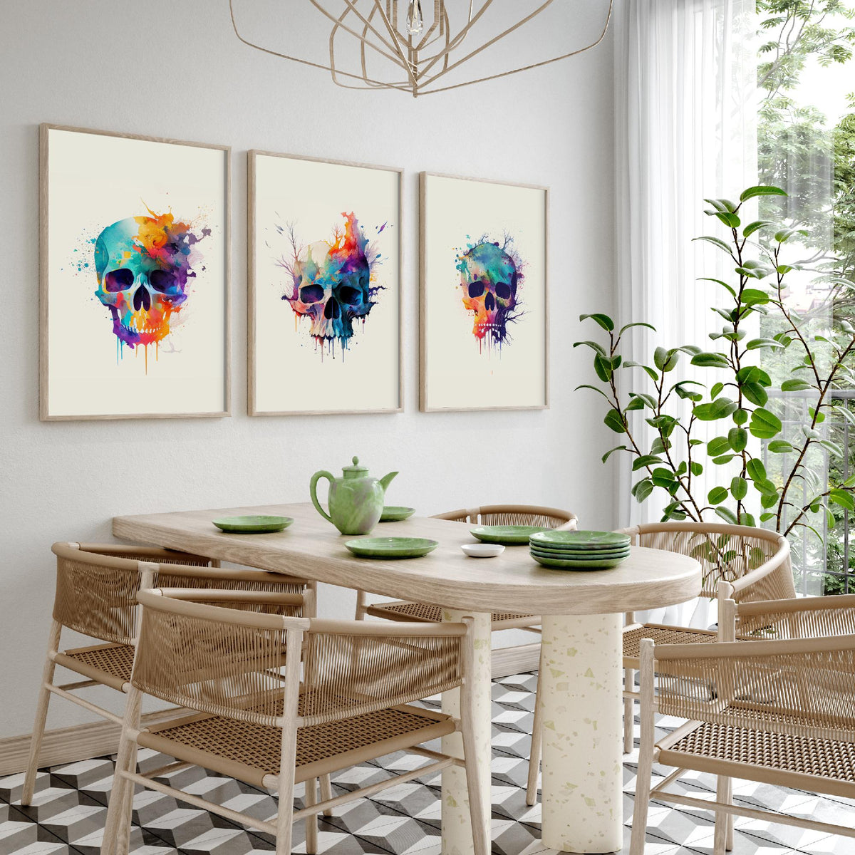 Watercolour Skull Set of Three Art Prints - Rainbow Splash Skulls with Branches - Gothic Boho Poster Painting