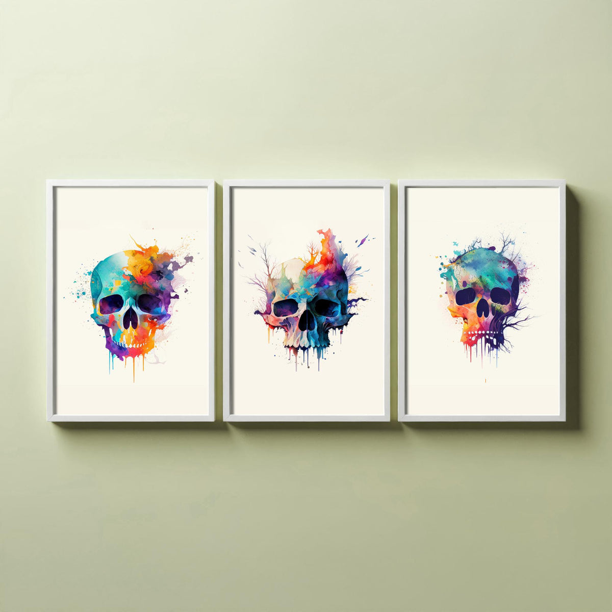 Watercolour Skull Set of Three Art Prints - Rainbow Splash Skulls with Branches - Gothic Boho Poster Painting