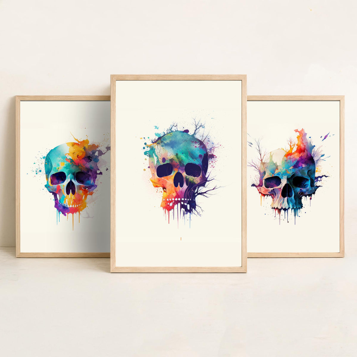 Watercolour Skull Set of Three Art Prints - Rainbow Splash Skulls with Branches - Gothic Boho Poster Painting