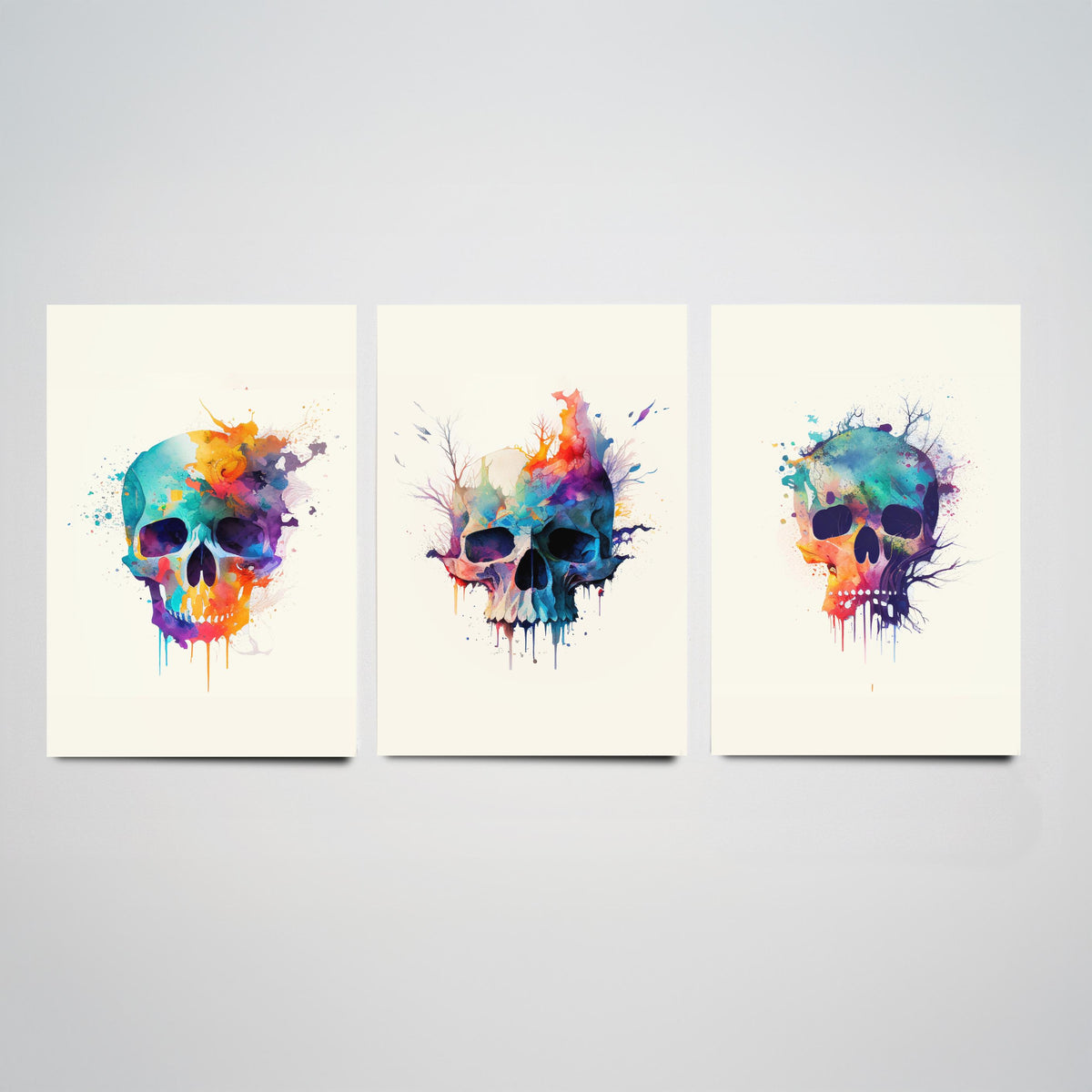 Watercolour Skull Set of Three Art Prints - Rainbow Splash Skulls with Branches - Gothic Boho Poster Painting