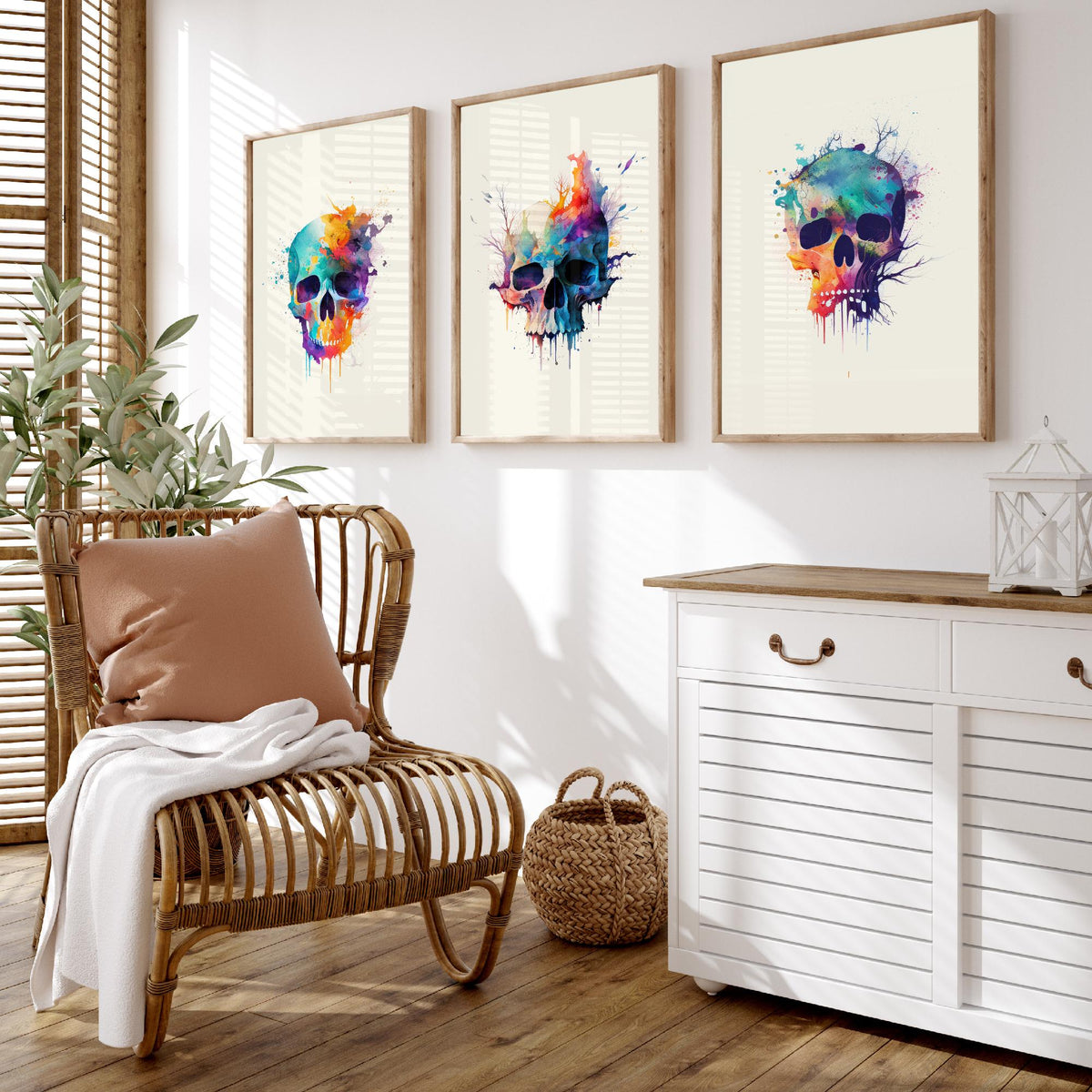 Watercolour Skull Set of Three Art Prints - Rainbow Splash Skulls with Branches - Gothic Boho Poster Painting