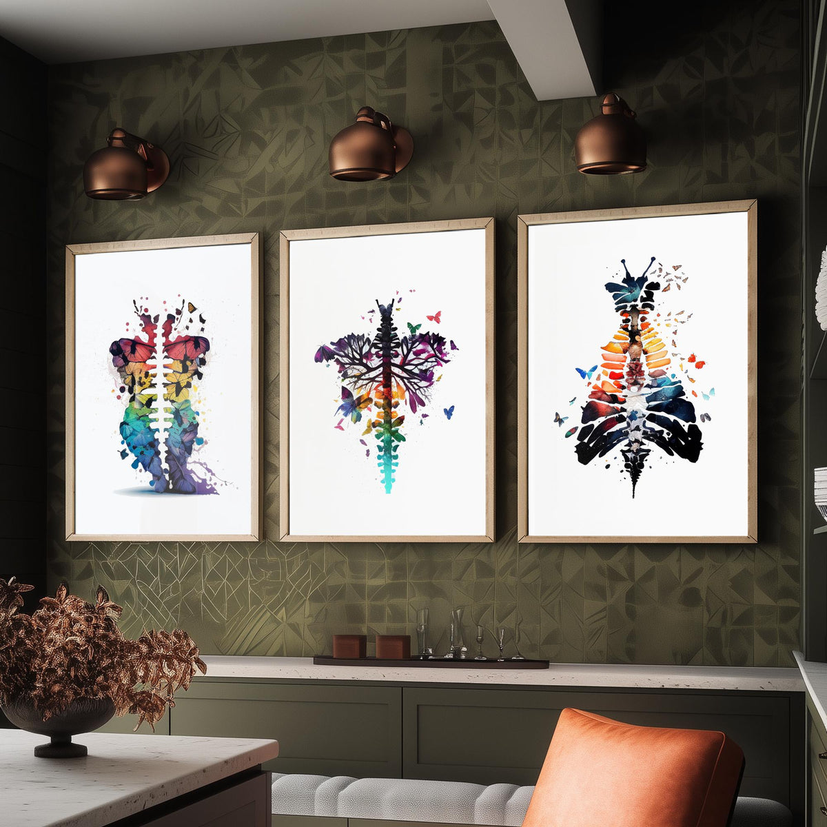 Spine and Butterflies Set of Three Art Prints - Anatomical Watercolour Ribcages - Colourful Boho Poster Painting