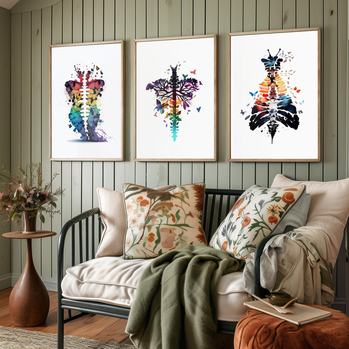 Spine and Butterflies Set of Three Art Prints - Anatomical Watercolour Ribcages - Colourful Boho Poster Painting