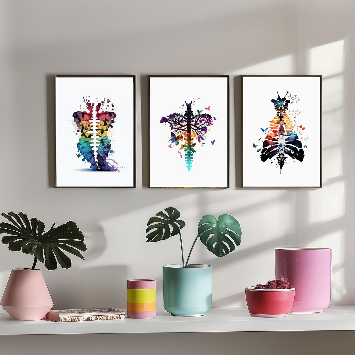 Spine and Butterflies Set of Three Art Prints - Anatomical Watercolour Ribcages - Colourful Boho Poster Painting