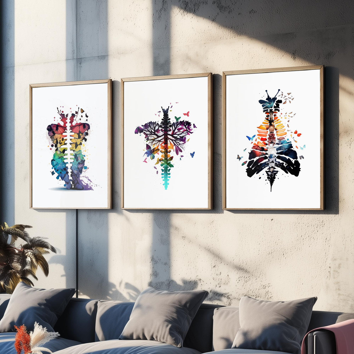 Spine and Butterflies Set of Three Art Prints - Anatomical Watercolour Ribcages - Colourful Boho Poster Painting