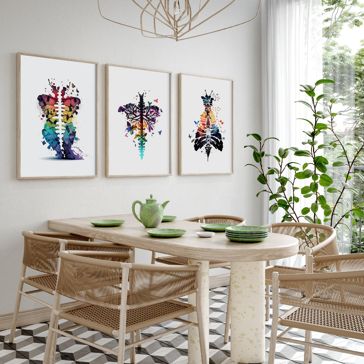 Spine and Butterflies Set of Three Art Prints - Anatomical Watercolour Ribcages - Colourful Boho Poster Painting