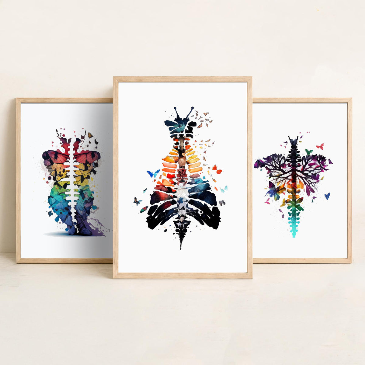 Spine and Butterflies Set of Three Art Prints - Anatomical Watercolour Ribcages - Colourful Boho Poster Painting