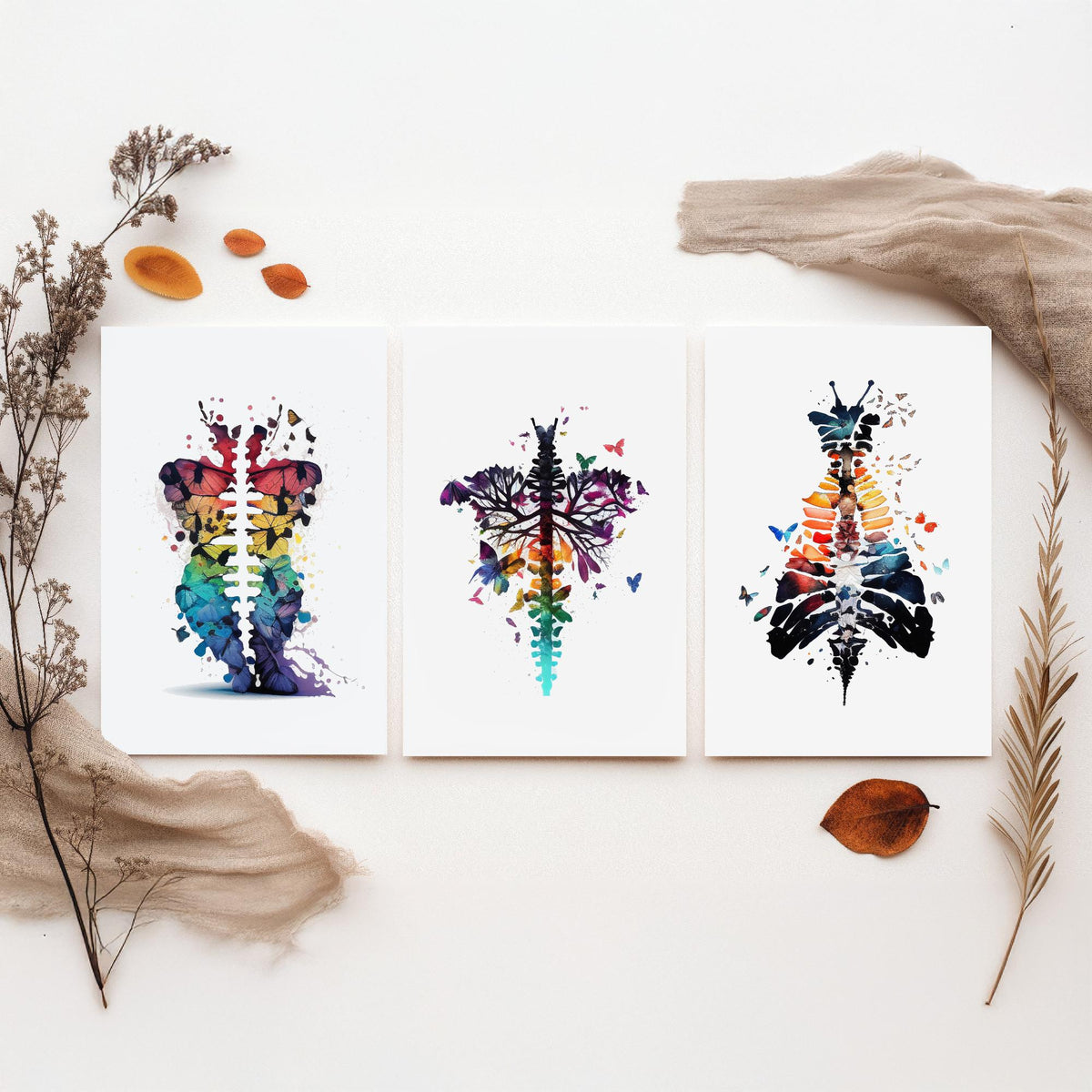 Spine and Butterflies Set of Three Art Prints - Anatomical Watercolour Ribcages - Colourful Boho Poster Painting
