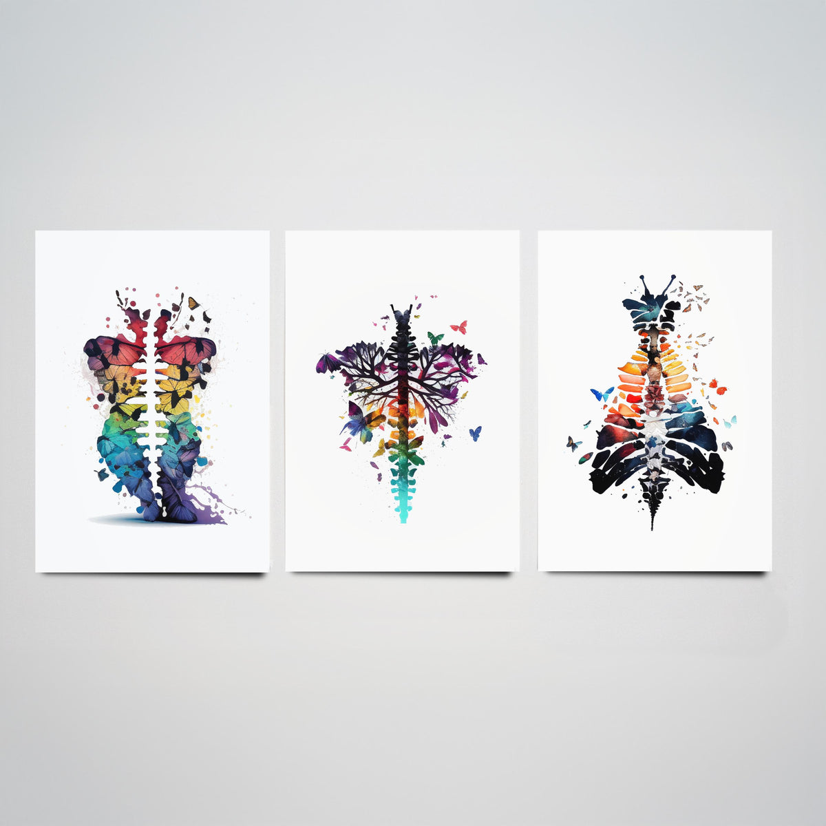 Spine and Butterflies Set of Three Art Prints - Anatomical Watercolour Ribcages - Colourful Boho Poster Painting