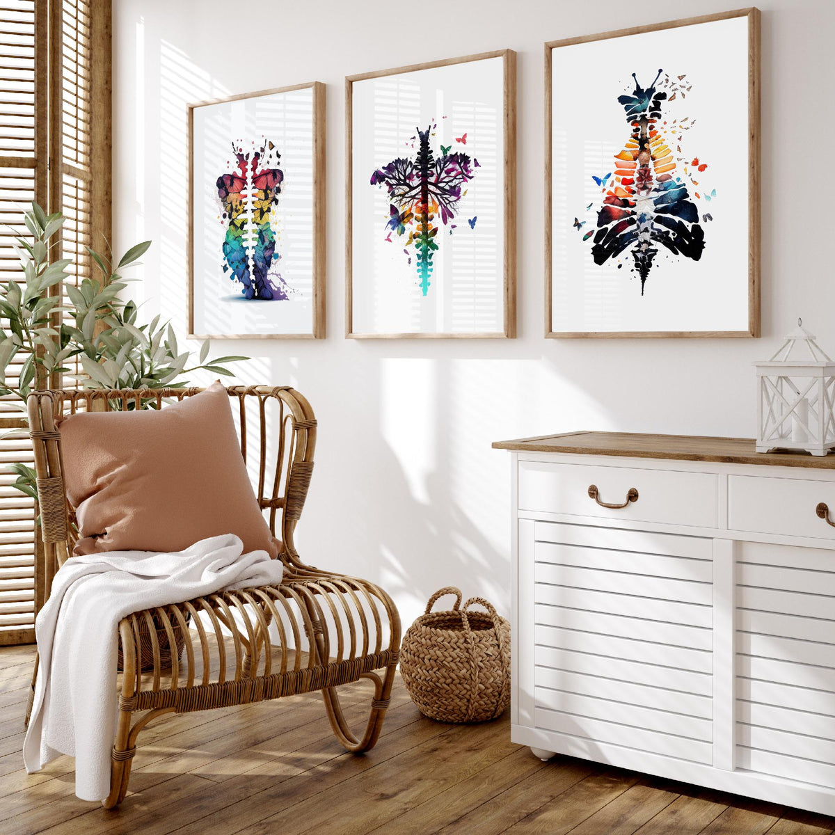 Spine and Butterflies Set of Three Art Prints - Anatomical Watercolour Ribcages - Colourful Boho Poster Painting