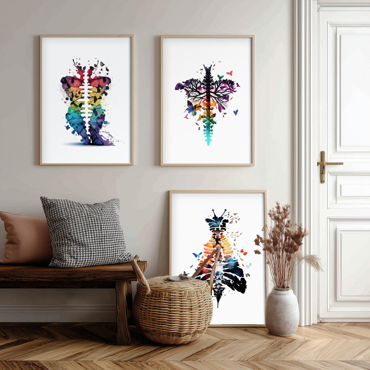 Spine and Butterflies Set of Three Art Prints - Anatomical Watercolour Ribcages - Colourful Boho Poster Painting