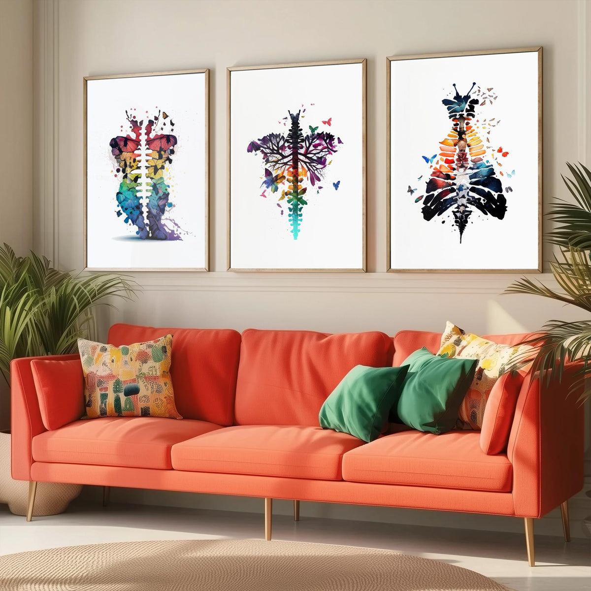 Spine and Butterflies Set of Three Art Prints - Anatomical Watercolour Ribcages - Colourful Boho Poster Painting