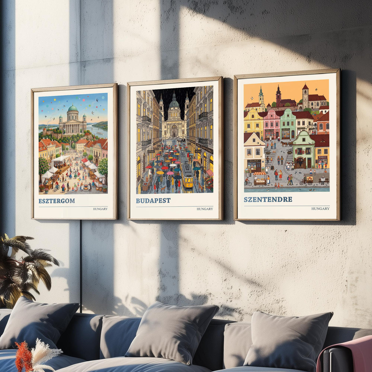 Hungary Set of Three Art Prints - Esztergom, Budapest, Szentendre - 3 Colourful Folk Illustration Travel Posters - Hungarian Painting
