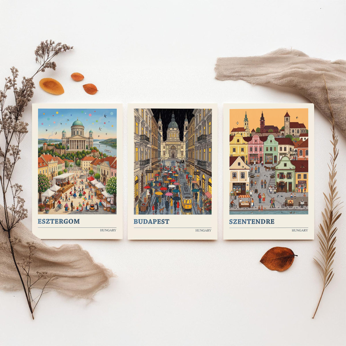 Hungary Set of Three Art Prints - Esztergom, Budapest, Szentendre - 3 Colourful Folk Illustration Travel Posters - Hungarian Painting